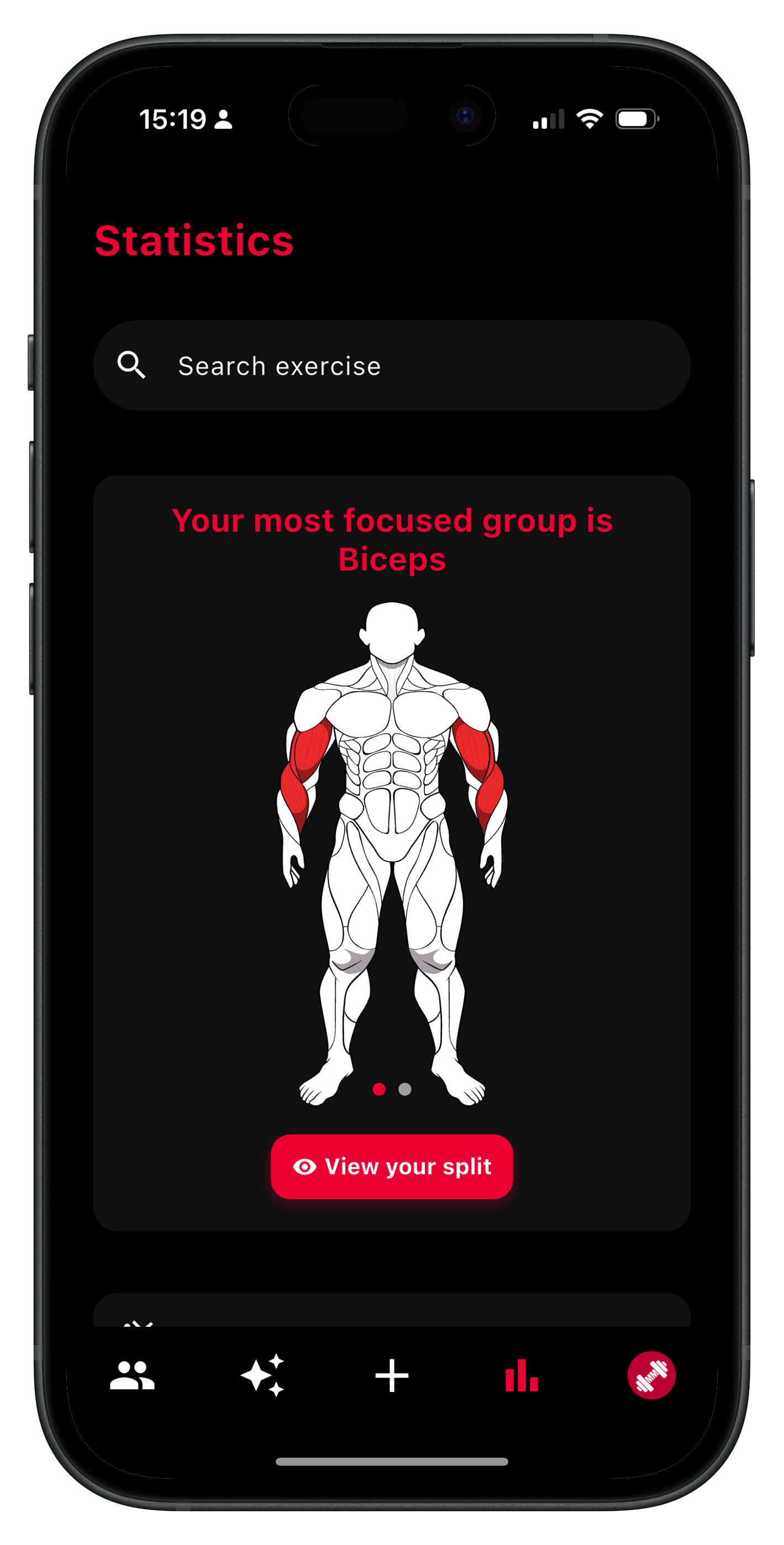 MuscleMate app dashboard with workout statistics and exercise history